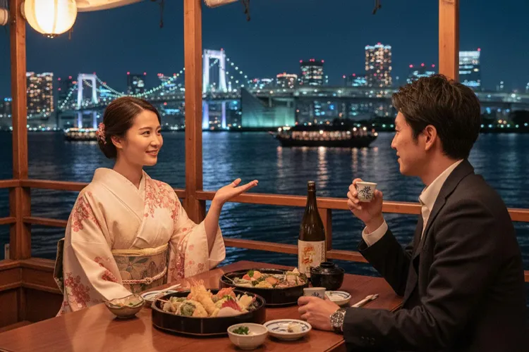 屋形船で楽しむカップル