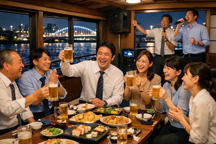 屋形船でプライベートパーティーを楽しむ会社員たち