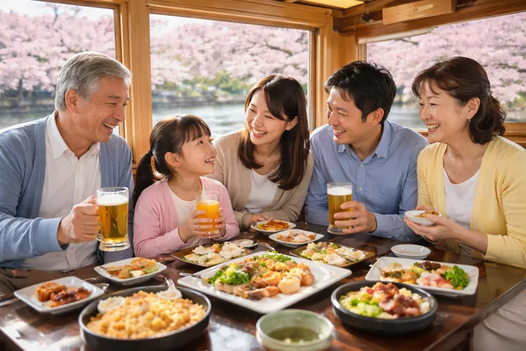 家族で屋形船のランチを楽しむ