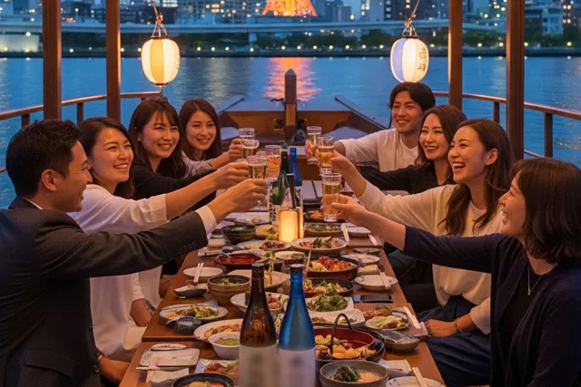 屋形船で乾杯