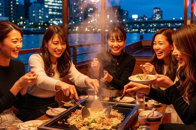 屋形船でもんじゃを楽しむ女性達