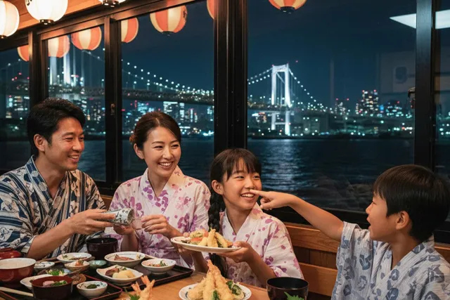 屋形船を楽しむ家族