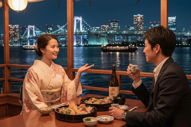 屋形船でデートを楽しむカップル