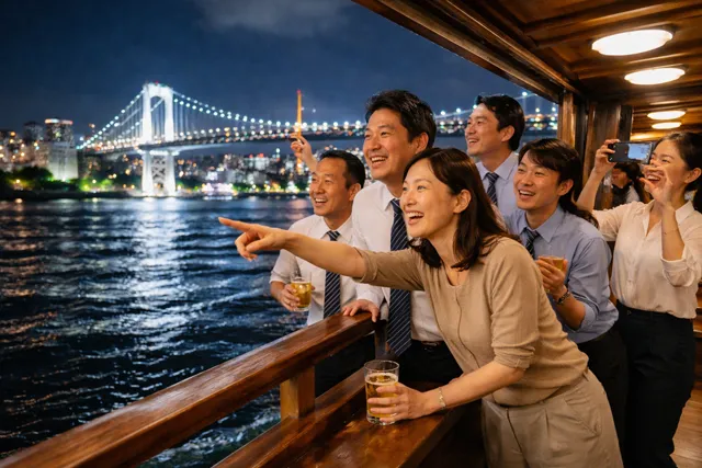 屋形船の夜景を楽しむ会社員