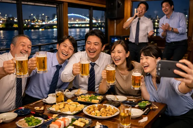 屋形船で宴会を楽しむ会社員