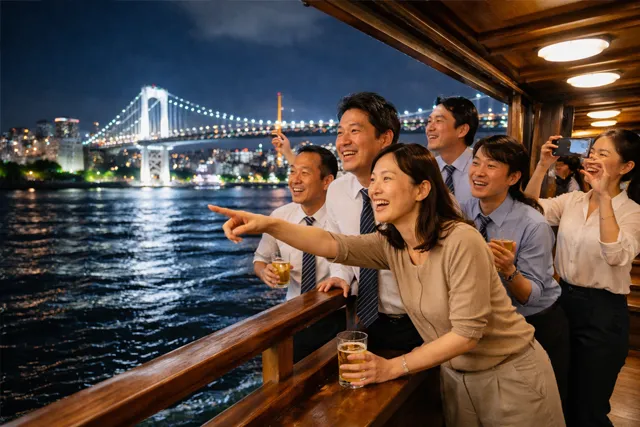 屋形船からレインボーブリッジの夜景を楽しむ貸切客
