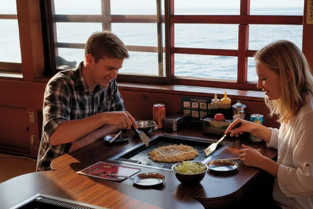 屋形船でもんじゃを楽しむ外国人ゲスト