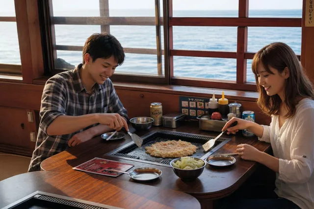 昼の屋形船でもんじゃ焼きを楽しむカップル