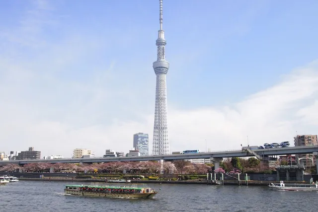 東京の屋形船とスカイツリー
